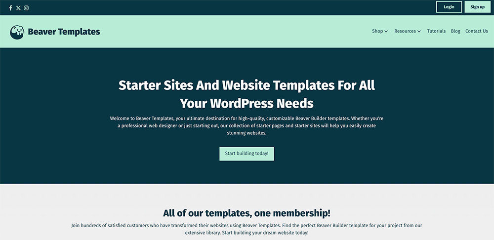 Screenshot of a website called beaver templates that offers website templates