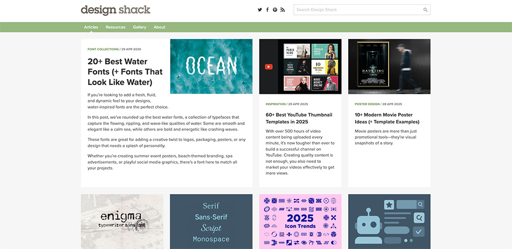 Screenshot of a design inspiration website called design shack