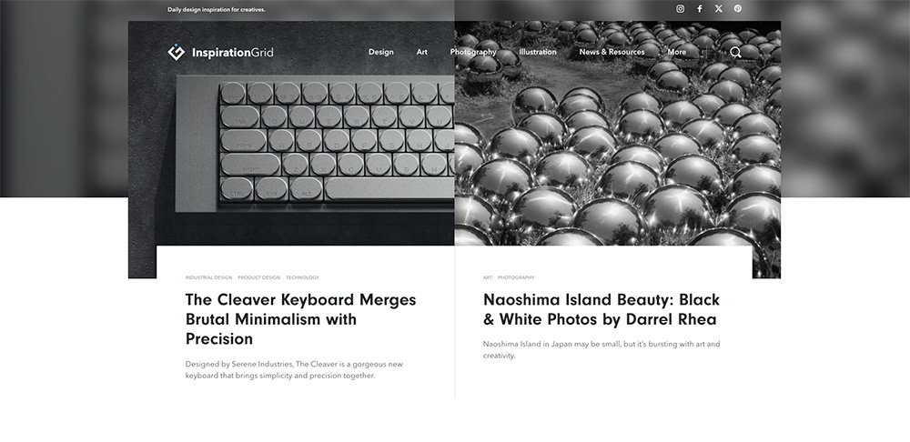 Screenshot of a design inspiration website called inspiration grid