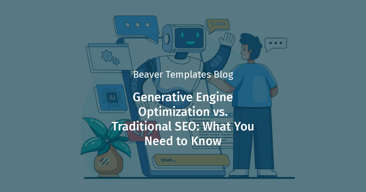 Vector illustration of a robot coming out of a phone screen to speak with a person, with words overlayed on top that say Generative Engine Optimization vs. Traditional SEO: What You Need to Know