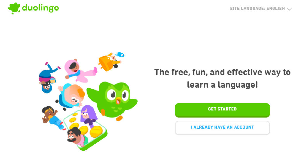Screenshot of duolingo. Com, showing the website ui.