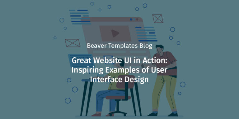 Digital illustration of a person doing web design on a computer. There are words overlaid on top that say "great website ui in action: inspiring examples of user interface design. "