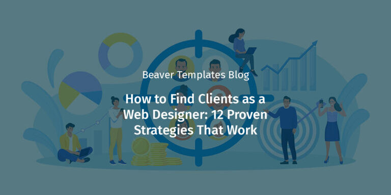 Vector illustration depicting a target audience with portraits inside a crosshair, accompanied by charts and graphs. There are words overlayed on top that say how to find clients as a web designer: 12 proven strategies that work.