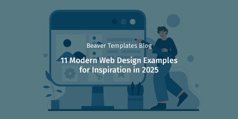 Digital illustration of a person holding a pencil up to a website. There are words overlayed on top that say "11 modern web design examples for inspiration in 2025. "